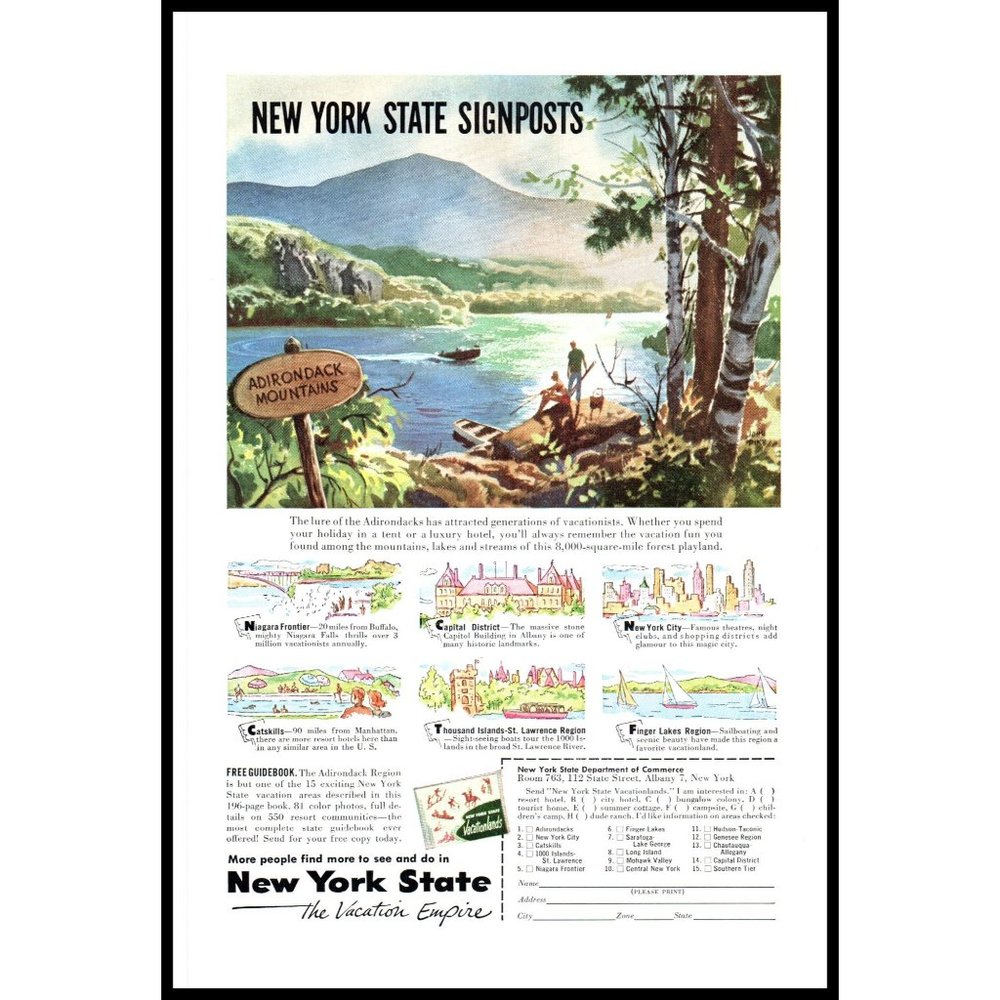 1953 New York State Signposts Vacation Planner Vintage Print Ad Adirondacks Art